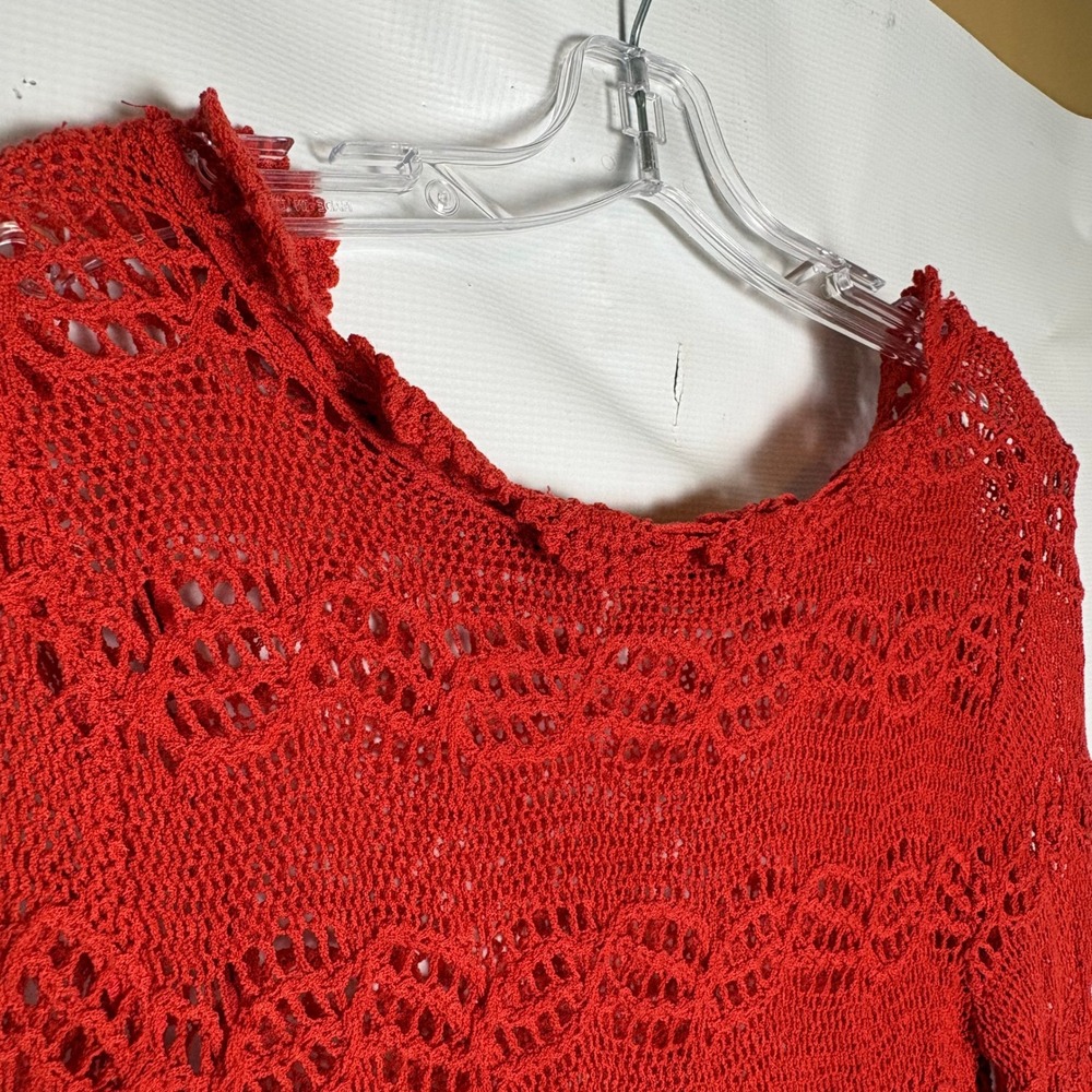 Coral Red Crochet L/S Boho Tunic Top Scalloped Hem Women Small Festival Renfair - Picture 4 of 9